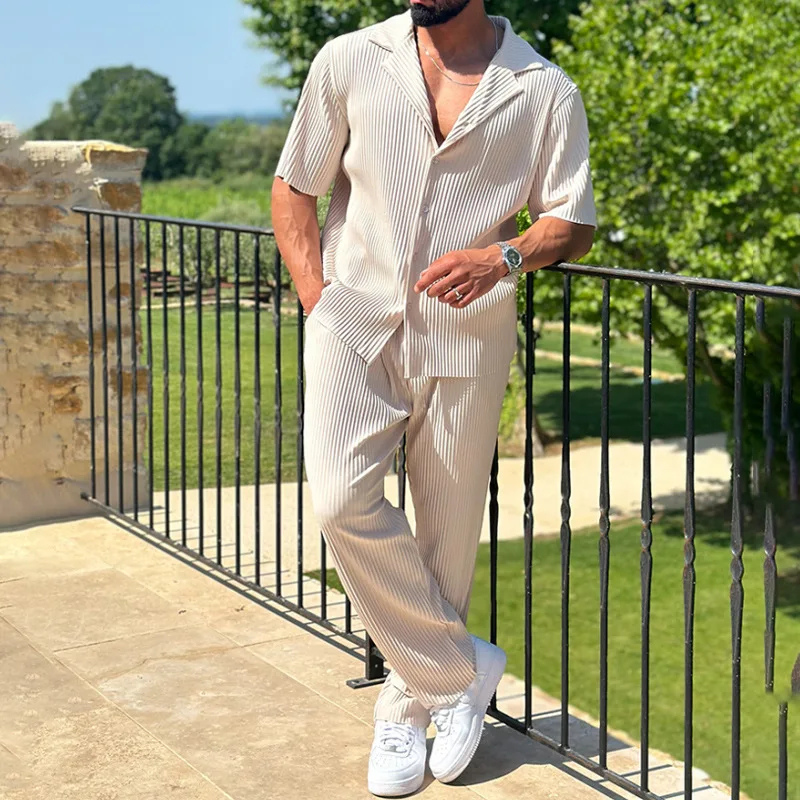Men's Two-Piece Button Shirt & Wide Leg Trousers Set