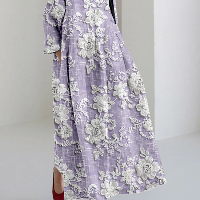 Alexis – Maxi Jurk met Lange Mouwen Bloemenprint en Ronde Hals Velani