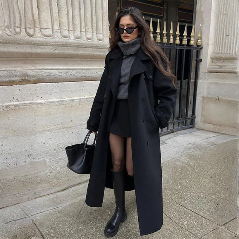 Women Long Coat With Notched Collar
