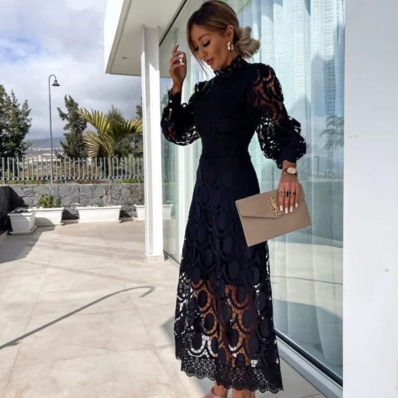 Women’s long sleeve openwork lace straight dress
