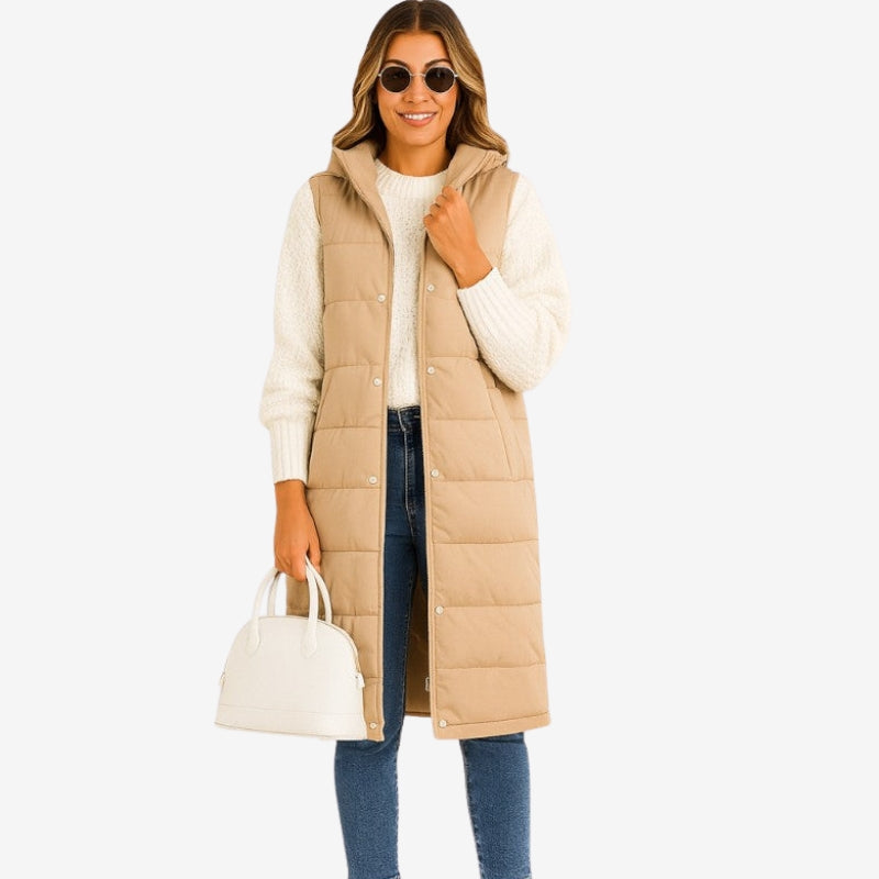 Ava – Sleeveless Hooded Coat with Button Closure