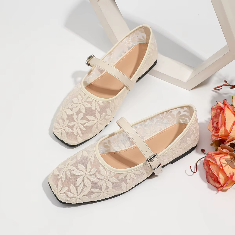 Square-Toed Ballerina Flats with Floral Embroidery