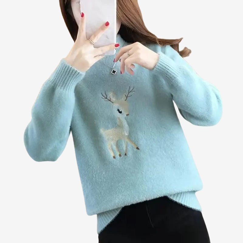 Ava – Long Sleeve Sweater with Ribbed Hem and Deer Pattern
