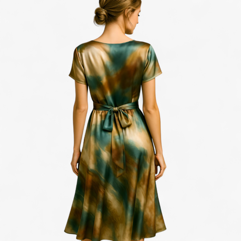 Naomi – Lange Jurk met Korte Mouwen Abstracte Print en Zijsplit Velani