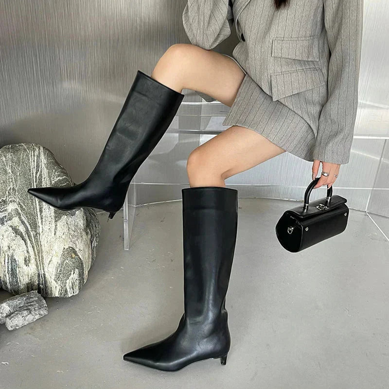 Nova – Kniehoge Laarzen met Puntige Neus en Strakke Hak Velani