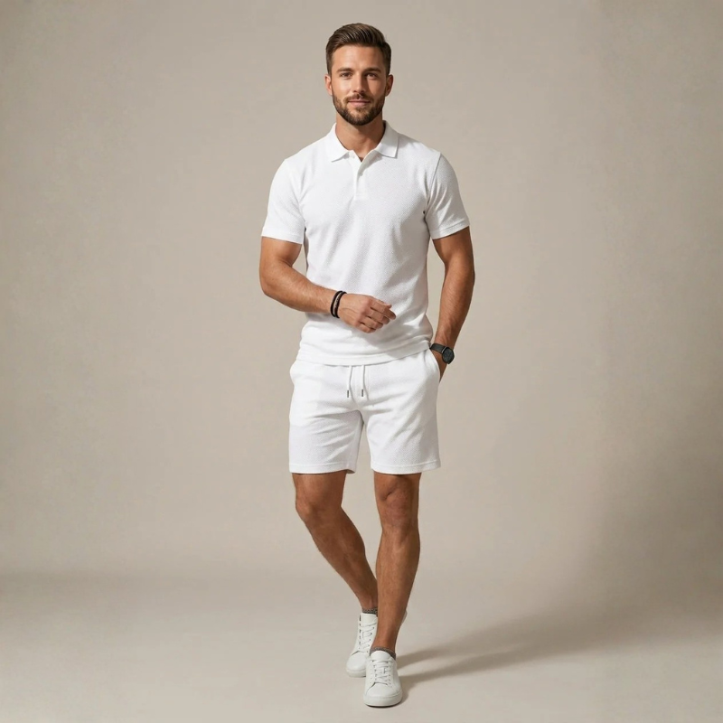 Men's Stylish Polo Shirt and Drawstring Shorts Set