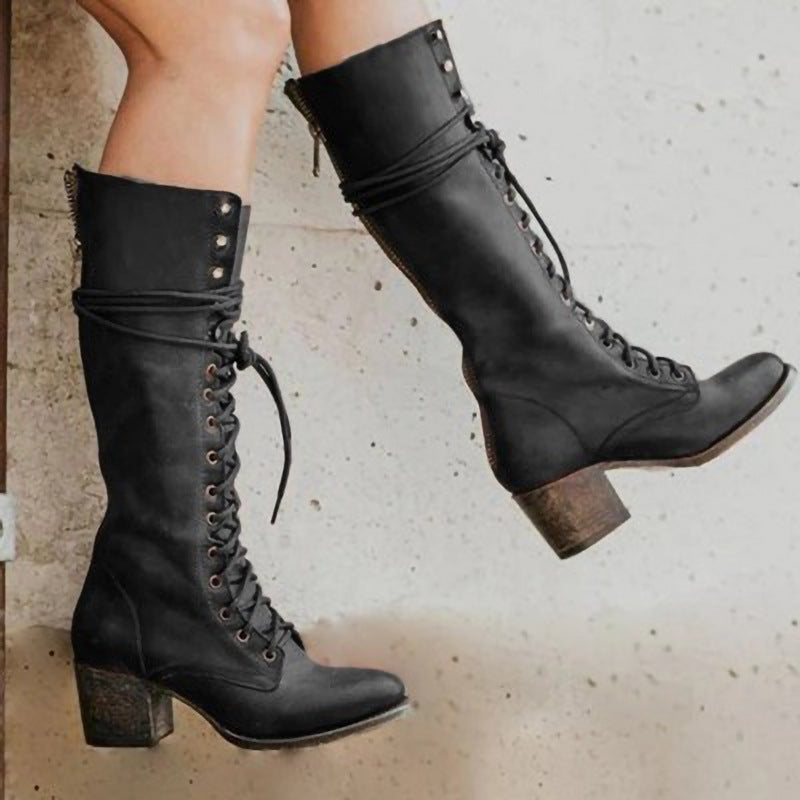 Women’s Knee High Lace Up Boots Block Heel