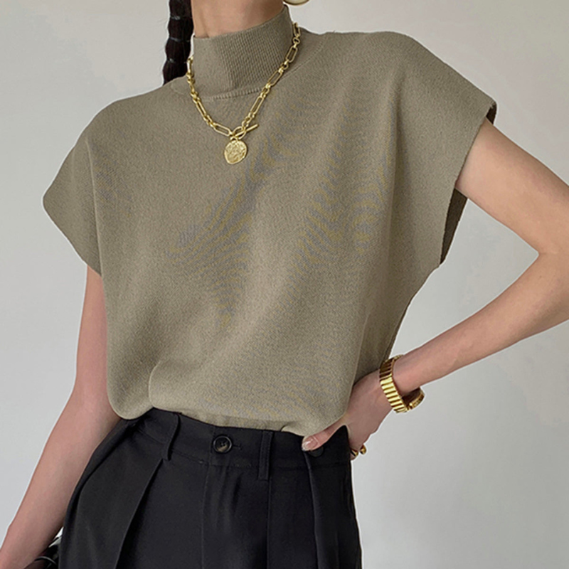 Women's Ribbed High Neck Blouse with Short Sleeves