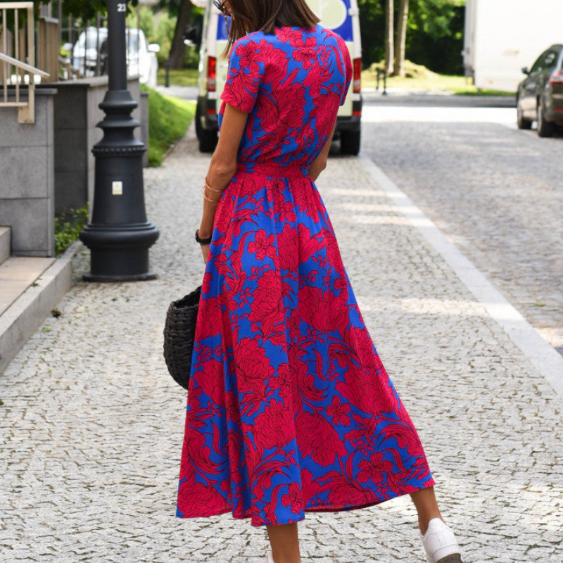 Women's V Neck Midi Dress with Waist Belt