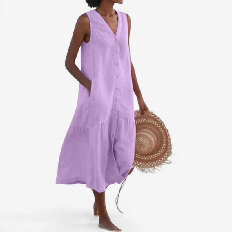 Women's Sleeveless V-Neck Mini Dress with Button-Front & Pockets