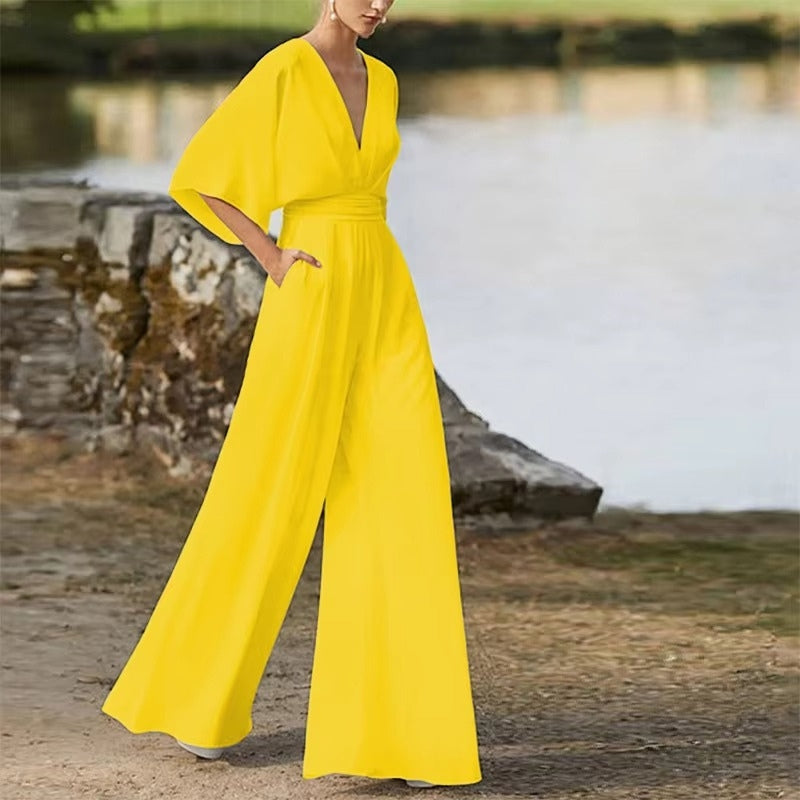 Willow - Loose Fit Short Sleeve Jumpsuit With V Neck Design
