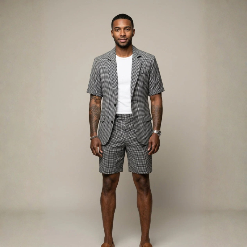 Men's Short Sleeve Plaid Blazer and Trousers Set