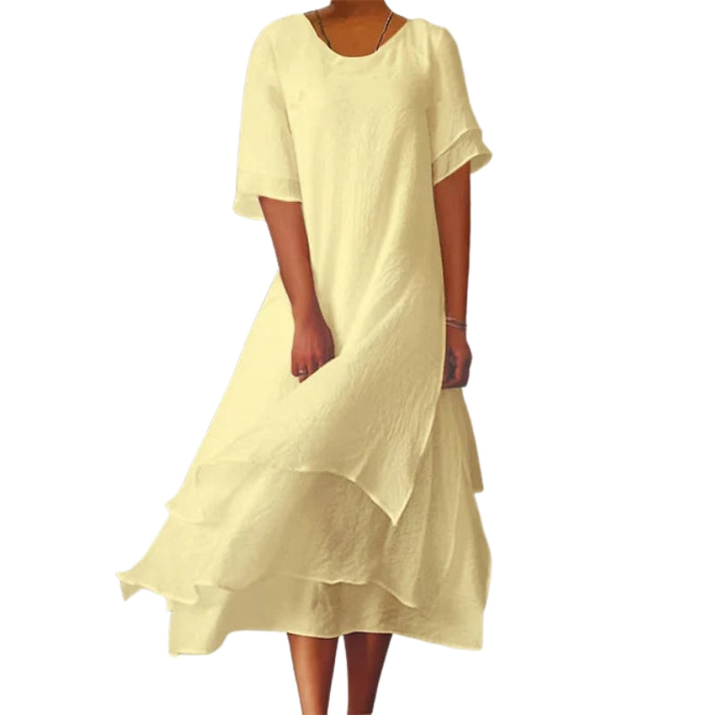 Fiona – Dubbel Laag Jurk met Ronde Hals en Korte Mouwen Velani