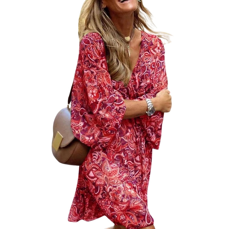 Johanna – Jurk met Lange Mouwen, Print en V-hals Velani