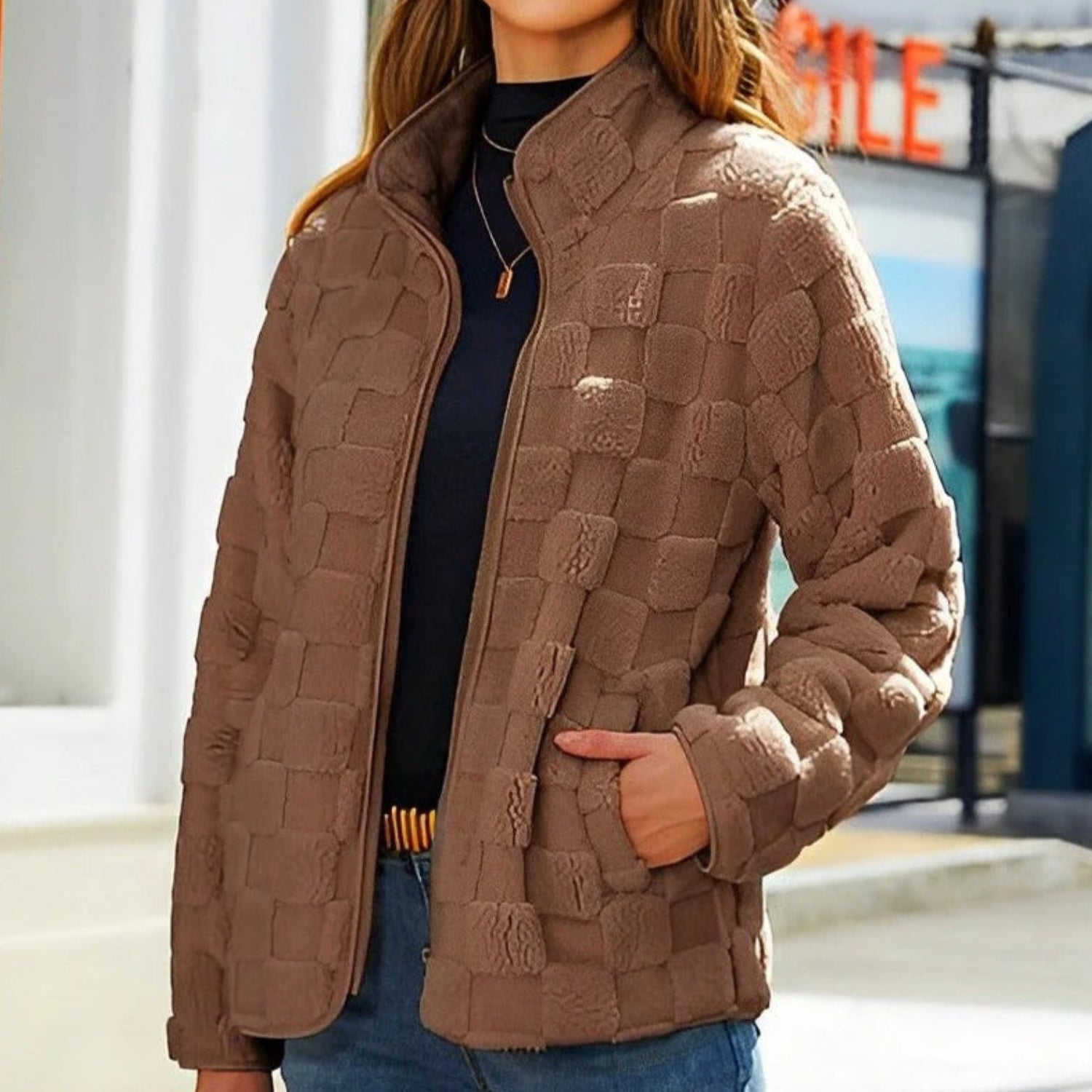 Sophia – Long Sleeve Jacket With Zipper Closure And Stand Up Collar