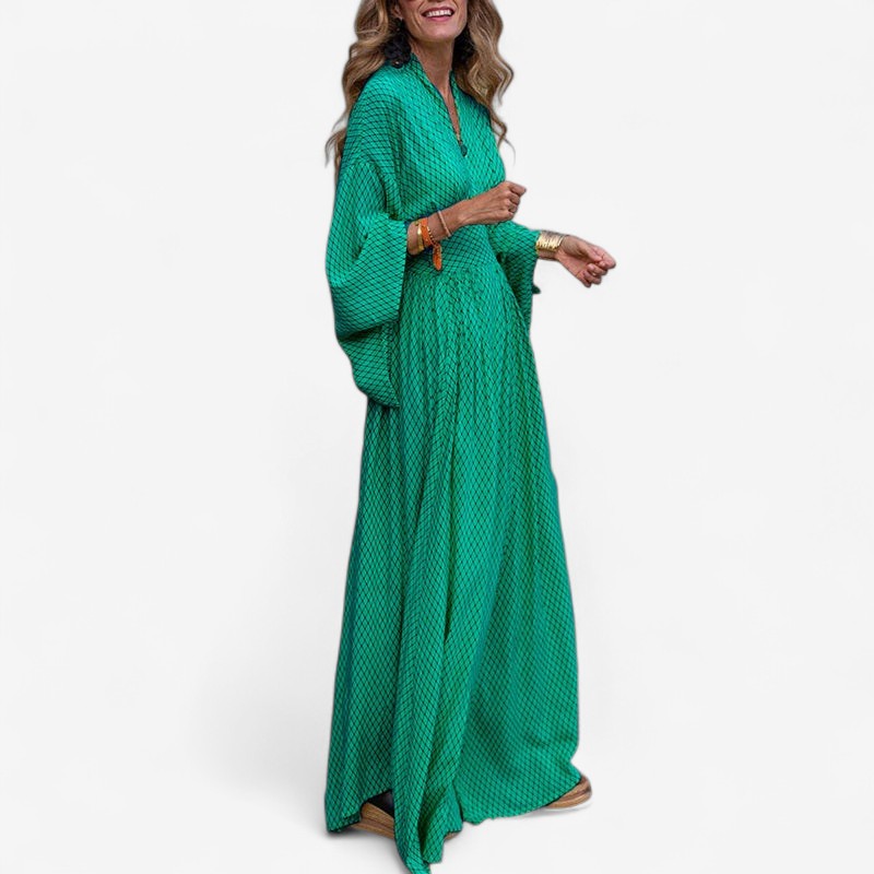 Nora – Lange maxi-jurk met wijde mouwen en geruit patroon Velani