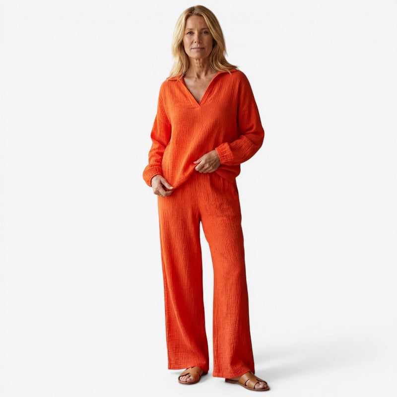 Women's Two Piece Set With Long Sleeve Top and Straight Leg Pants