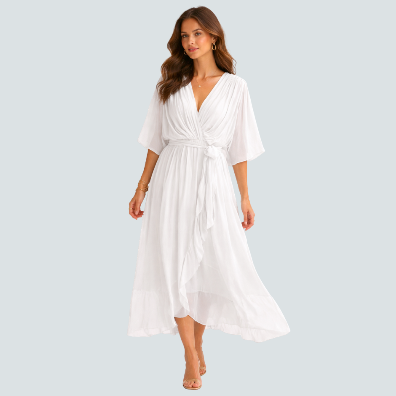 Stylish Midi Dress with V-Neck and Batwing Sleeves