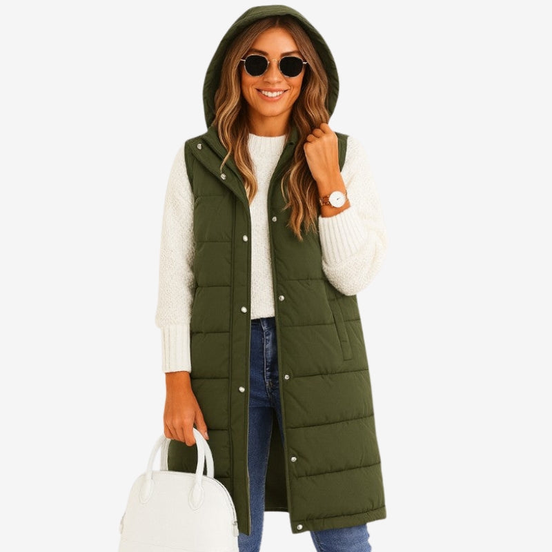 Ava – Sleeveless Hooded Coat with Button Closure