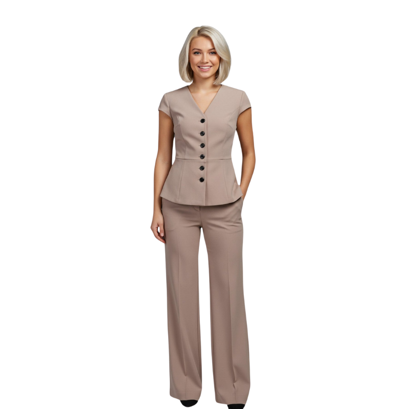 Elena – Tweedelig Setje met V-Hals Top en Wijd Uitlopende Broek Velani