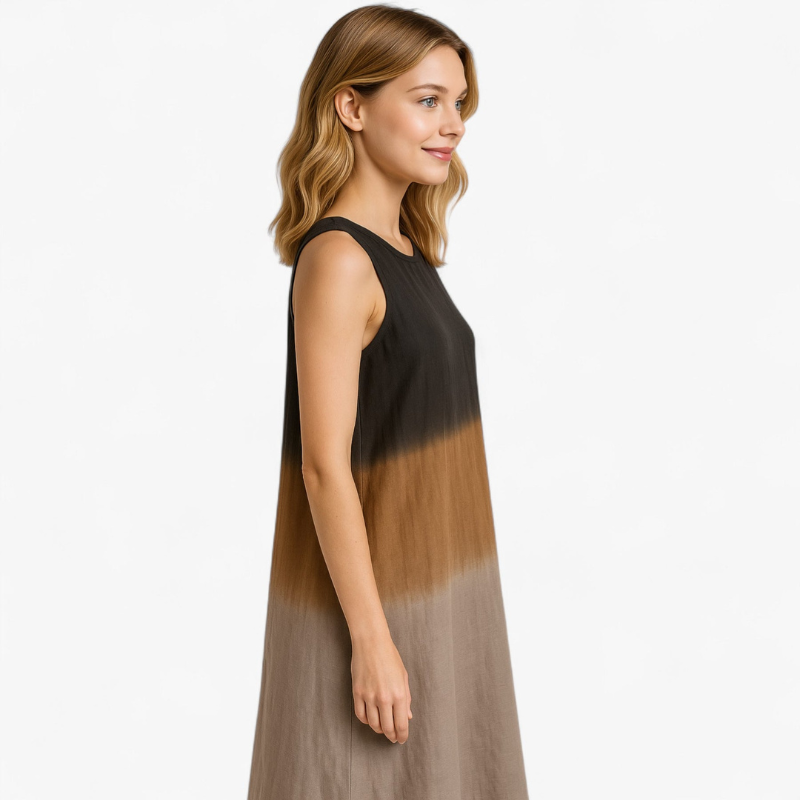 Juliette – Lange Mouwloze A-Lijn Jurk met Ronde Hals en Kleurverloop Print Velani