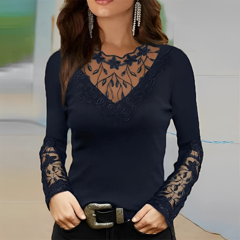 Nora – Slim-Fit Blouse met Vetersluiting, V-Hals en Lange Mouwen Velani