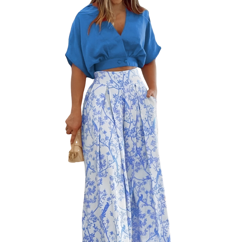 Jessica – Tweedelig Pak met Bloemenprint en Wijde Pijpen Broek Velani