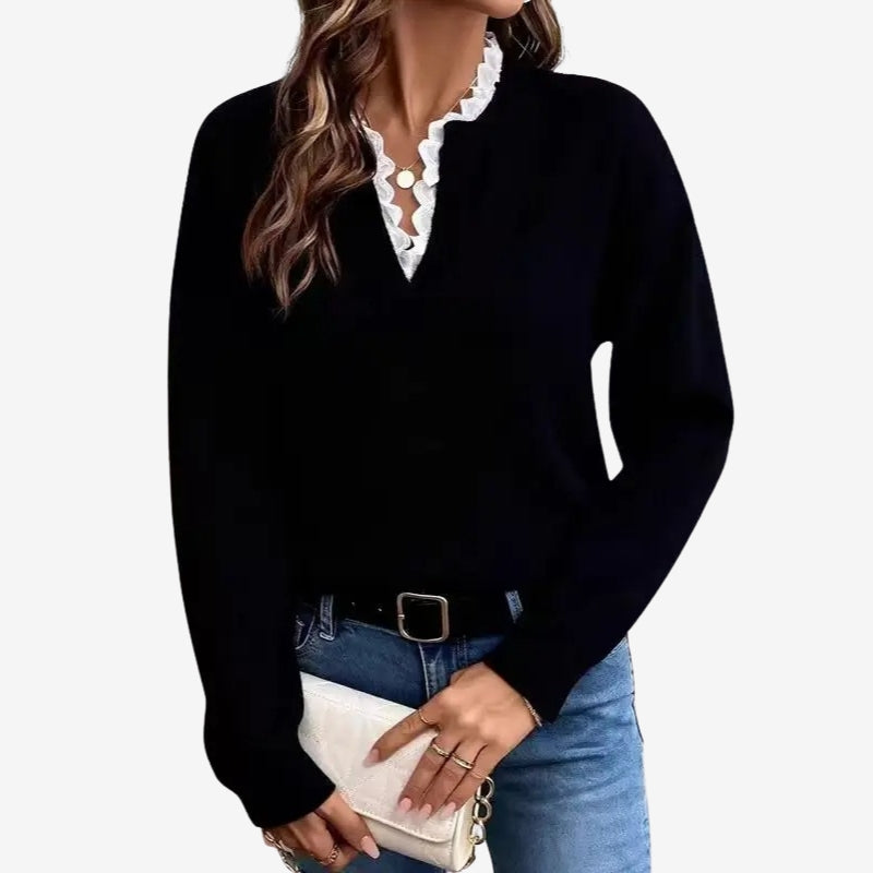 Fiona – Long Sleeve Sweater with V Neck and Ribbed Hem Design