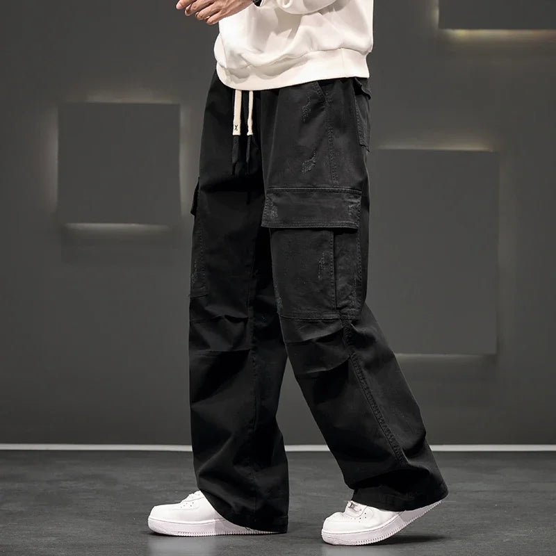 Men's Wide Leg Cargo Pants with Drawstring Waist