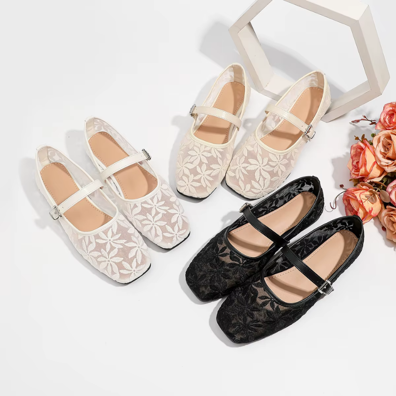Square-Toed Ballerina Flats with Floral Embroidery
