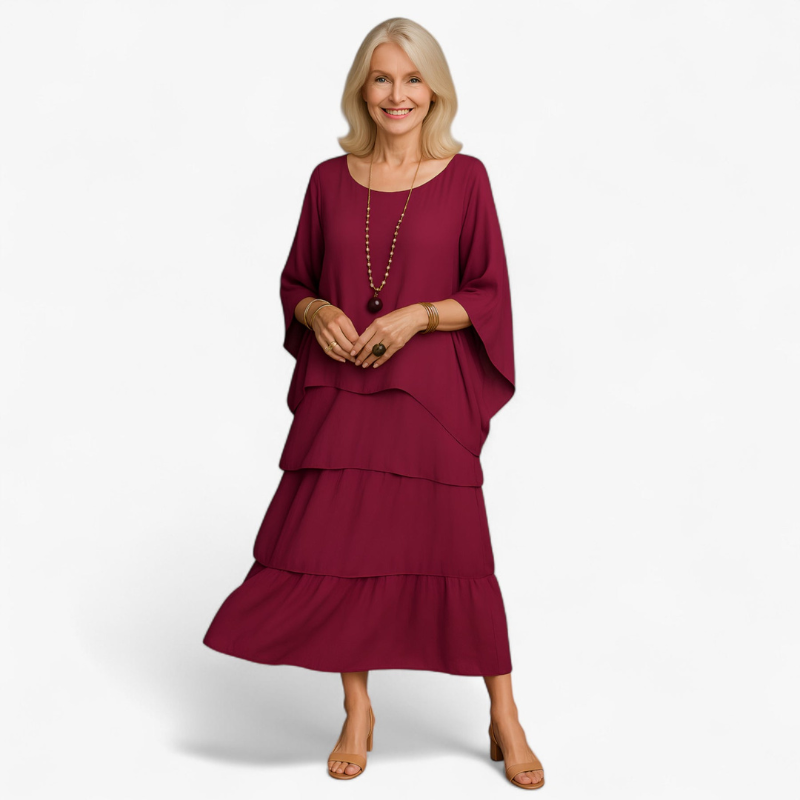 Nova – Lange A-lijn Gelaagde Maxi Jurk met Ronde Hals en Korte Mouwen Velani