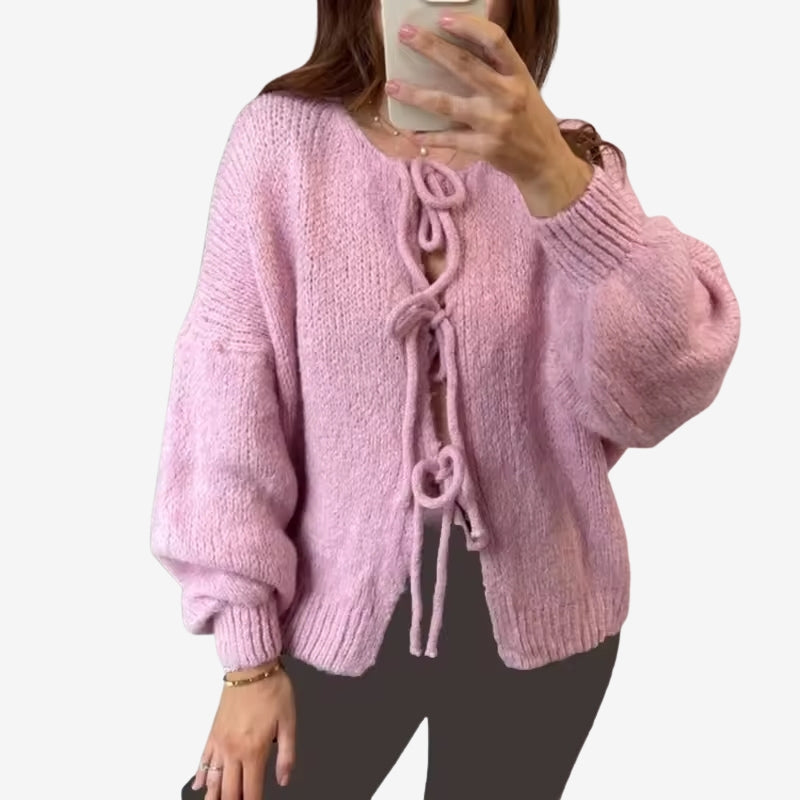 Clara – Crew Neck Cardigan with Long Sleeves and Lace Closure