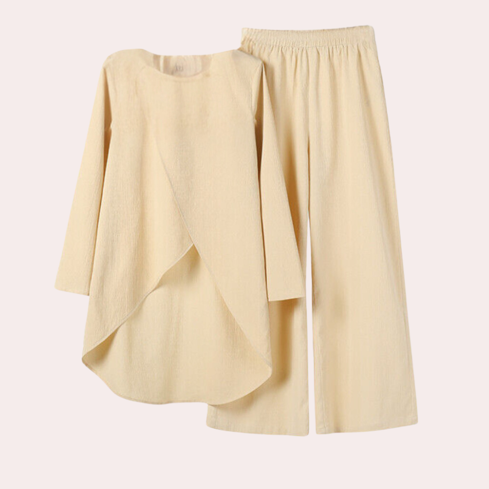 Nienke – Tweedelige Set met Top met Ronde Hals en Broek met Wijde Pijpen Velani