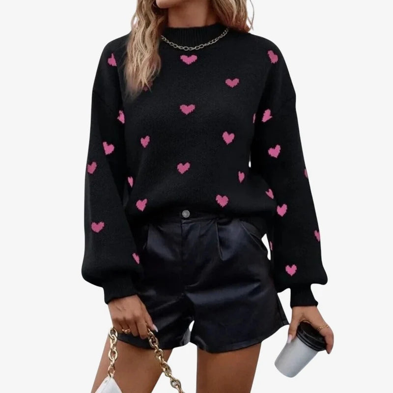 Jennifer – Suéter de manga larga con estampado de corazones y cuello redondo