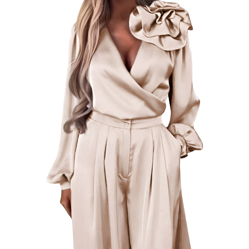 Elena – Top met Lange Mouwen en V-Hals en Wide-Leg Broek Set Velani