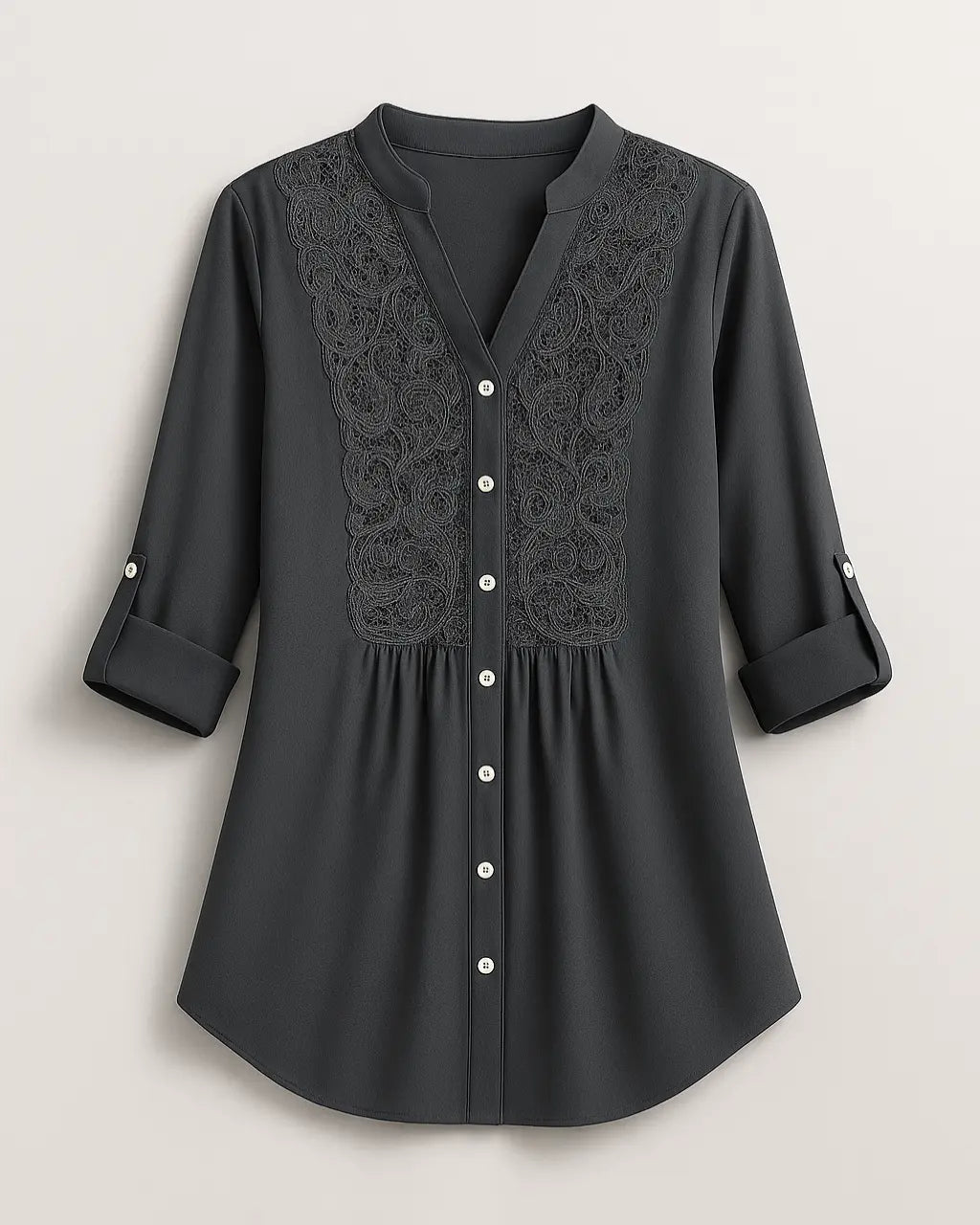 Polyester Blouse Met Pofmouwen En Kanten Accenten-Blouses & Tops-Velani-Grijs-S-Velani