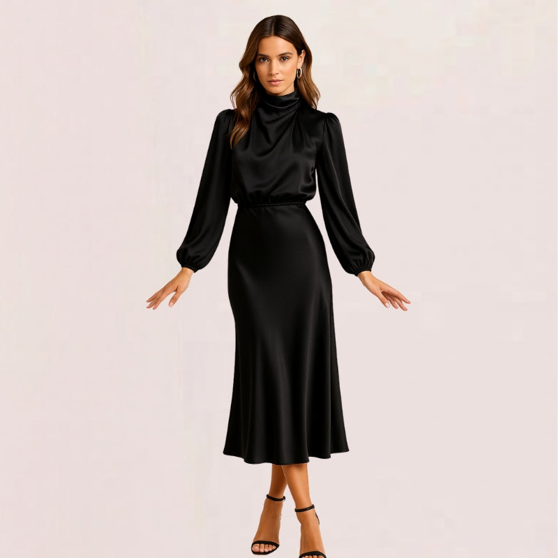 Women’s Wrap Dress with Long Puff Sleeves & High Neck