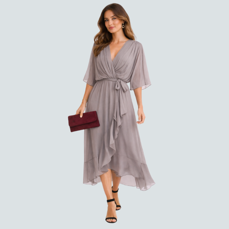Stylish Midi Dress with V-Neck and Batwing Sleeves