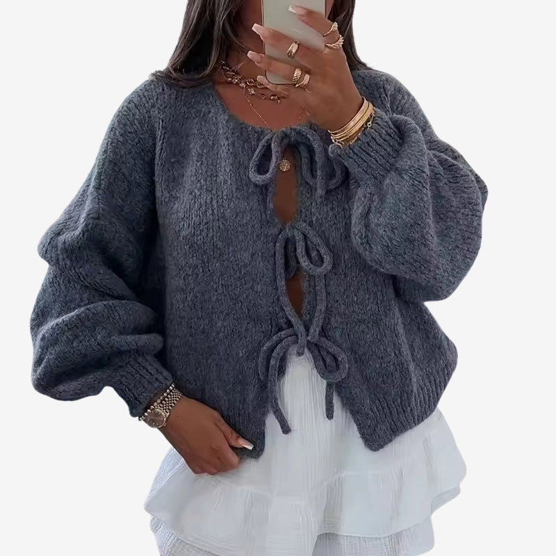 Clara – Crew Neck Cardigan with Long Sleeves and Lace Closure