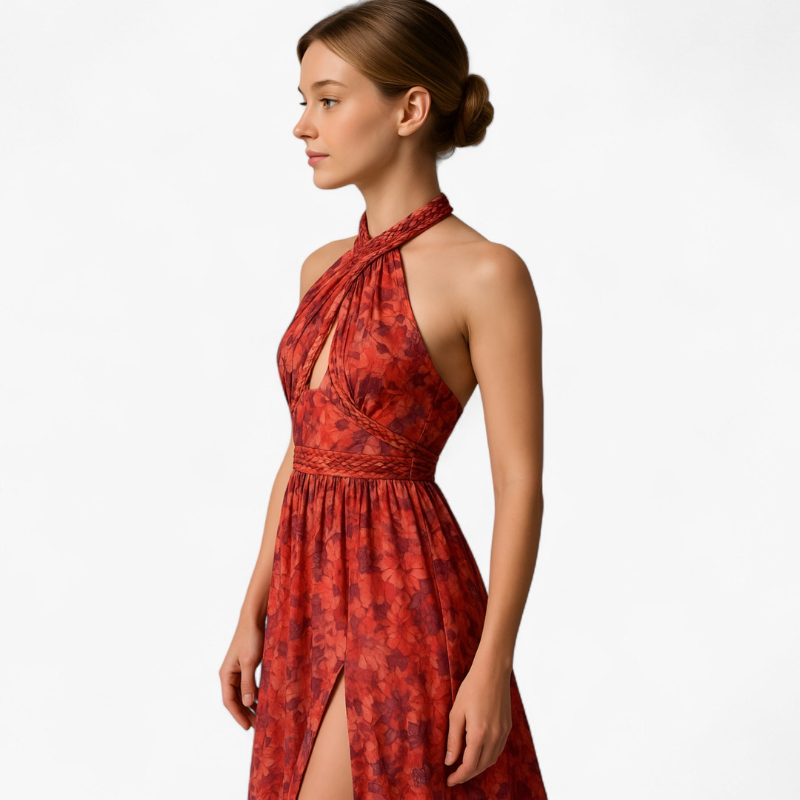 Alice – Lange Mouwloze Jurk met Bloemenprint en Zijsplit Velani