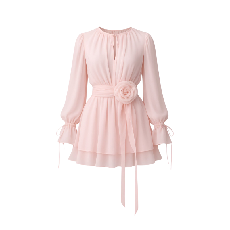 Athena – Mini Jurk met Uitlopende Mouwen, Bloemenkraag en Hoge Taille Velani