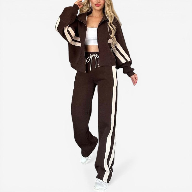 Women’s Two-Piece Set with Zip-Up Jacket and High-Waist Pants