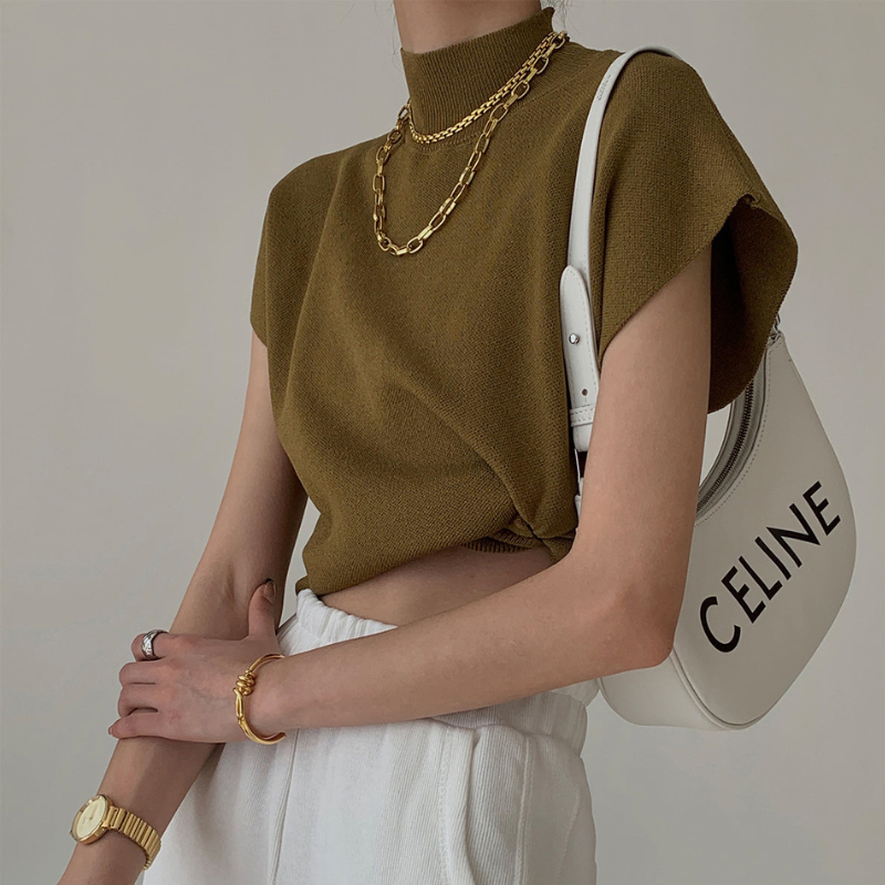 Women's Ribbed High Neck Blouse with Short Sleeves