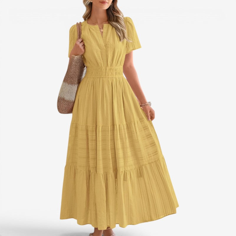 Women's Midi Dress with Wrap Waist and Short Sleeves