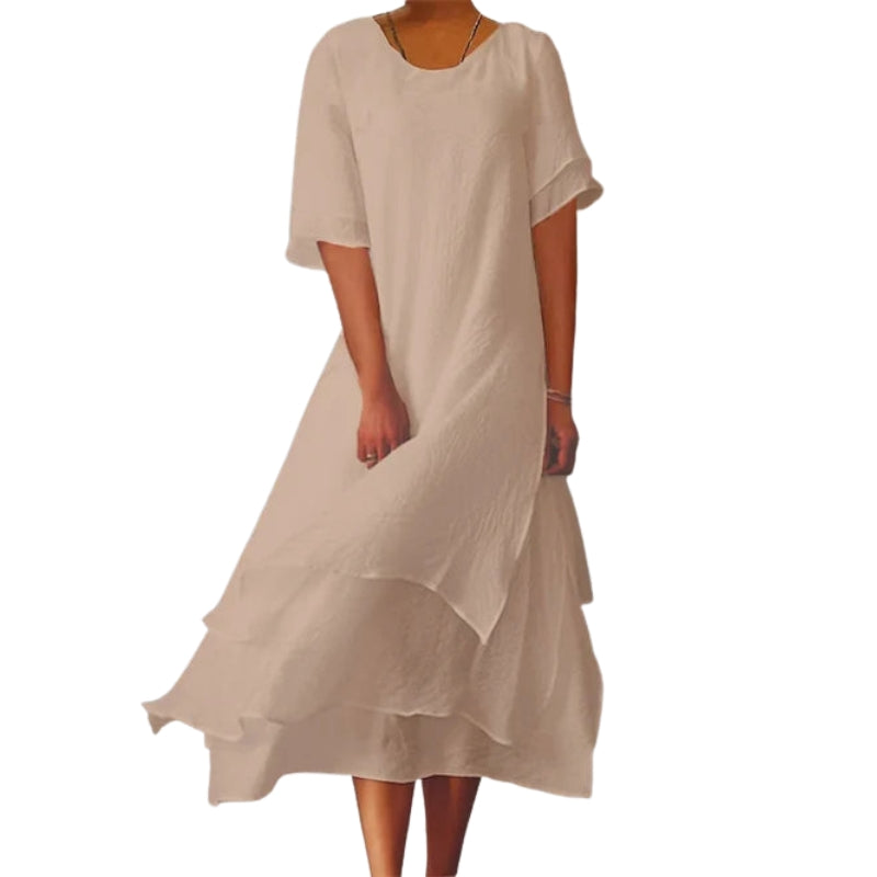 Fiona – Dubbel Laag Jurk met Ronde Hals en Korte Mouwen Velani