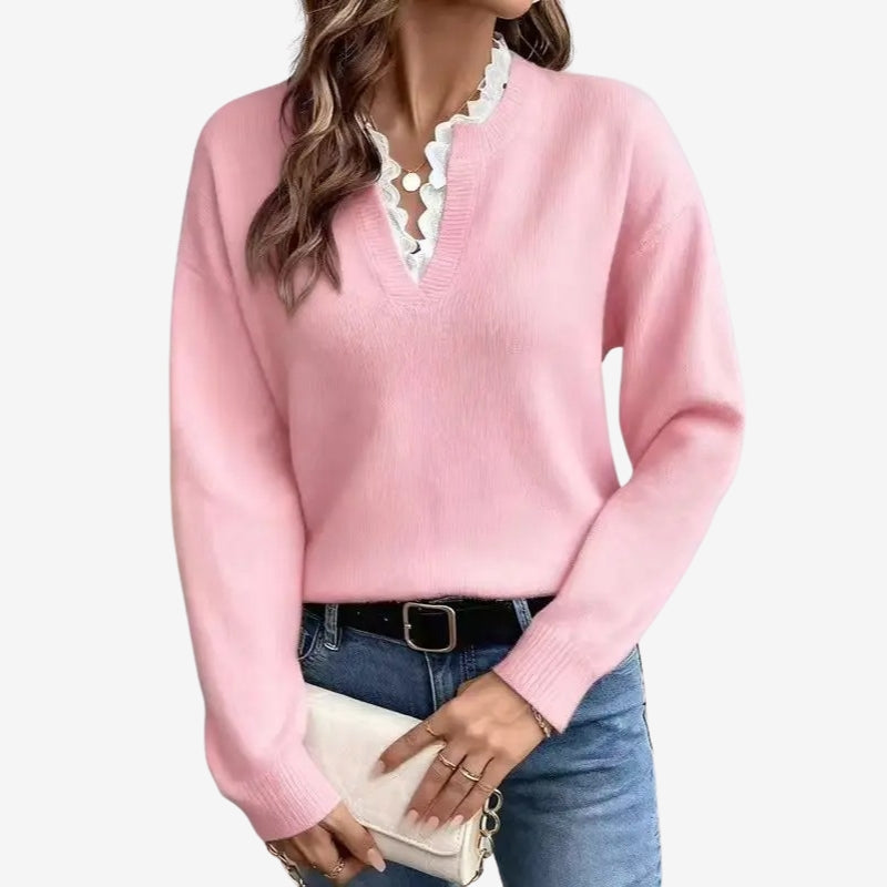 Fiona – Long Sleeve Sweater with V Neck and Ribbed Hem Design