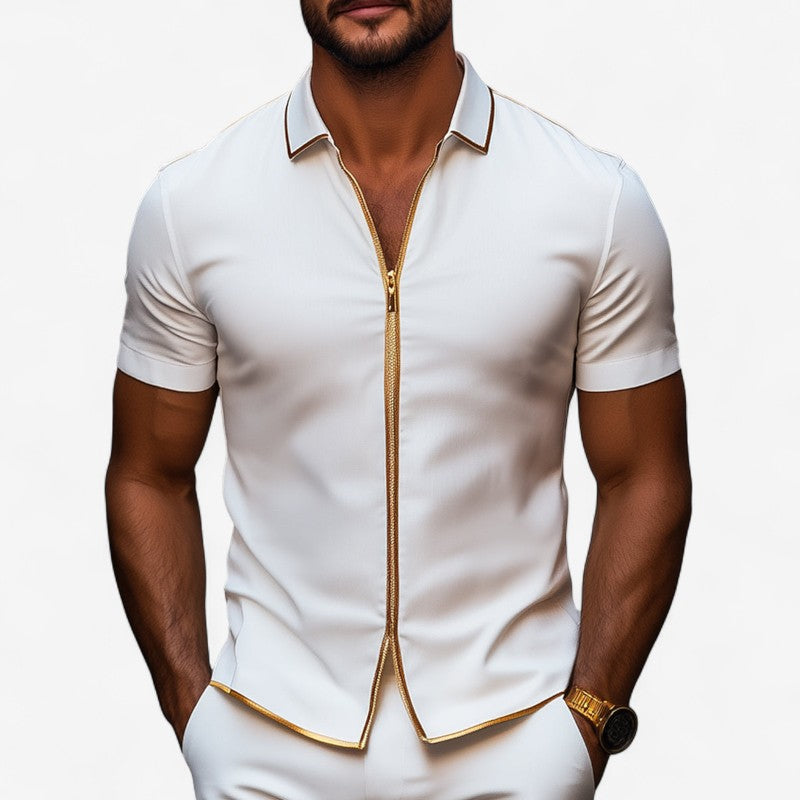 Kevin – Korte mouwen overhemd met gouden bies en rits aan de voorkant Velani