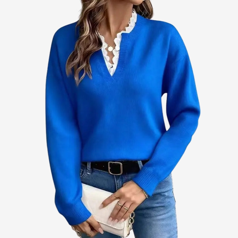 Fiona – Long Sleeve Sweater with V Neck and Ribbed Hem Design