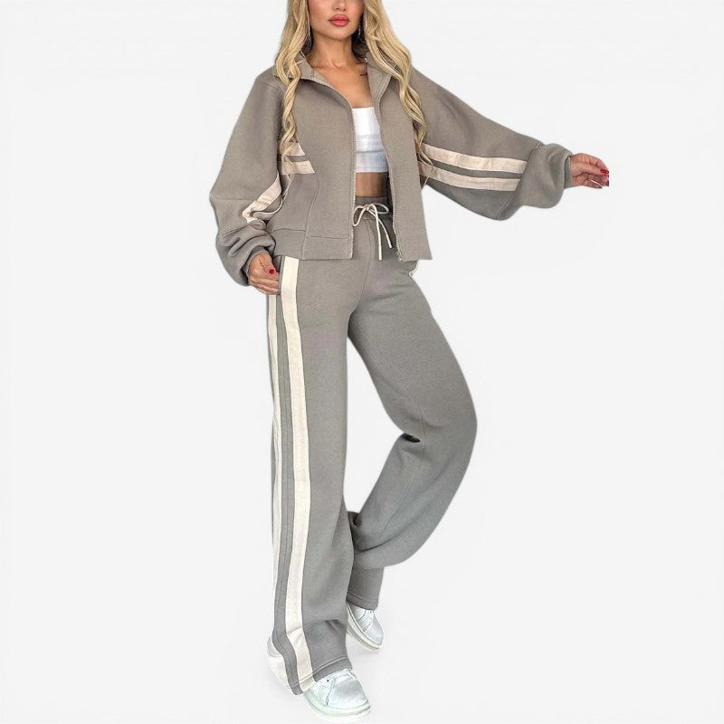 Women’s Two-Piece Set with Zip-Up Jacket and High-Waist Pants