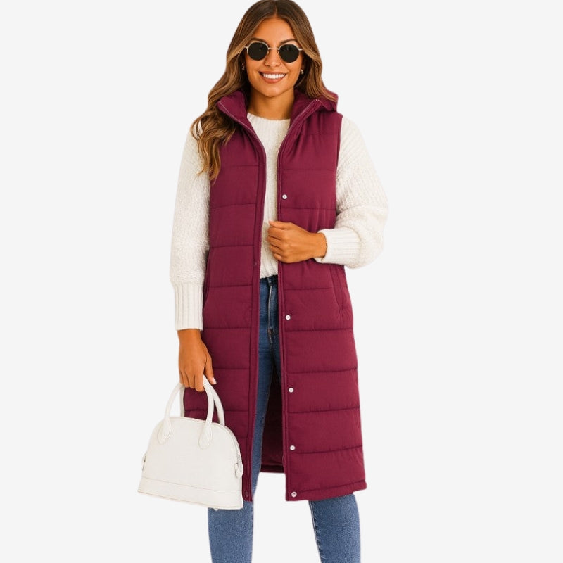 Ava – Sleeveless Hooded Coat with Button Closure